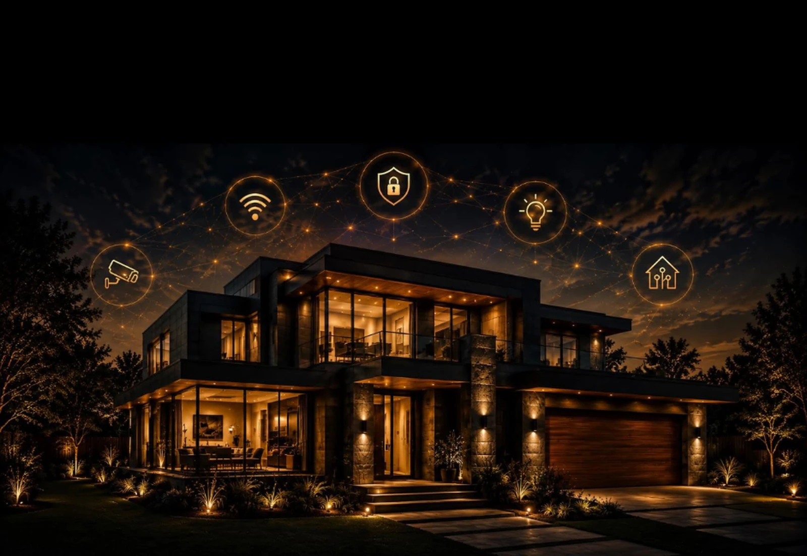 Smart home exterior with connected device icons